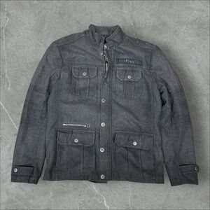 Affliction Premium Jacket Mens Large Grey Y2K‎ Wool Blend Cross Military Gothic